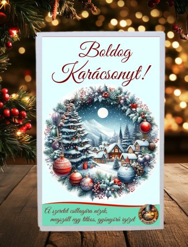 Karácsonyi viráglabda ajándékdoboz – „Téli falus” koszorús címkével 12 db